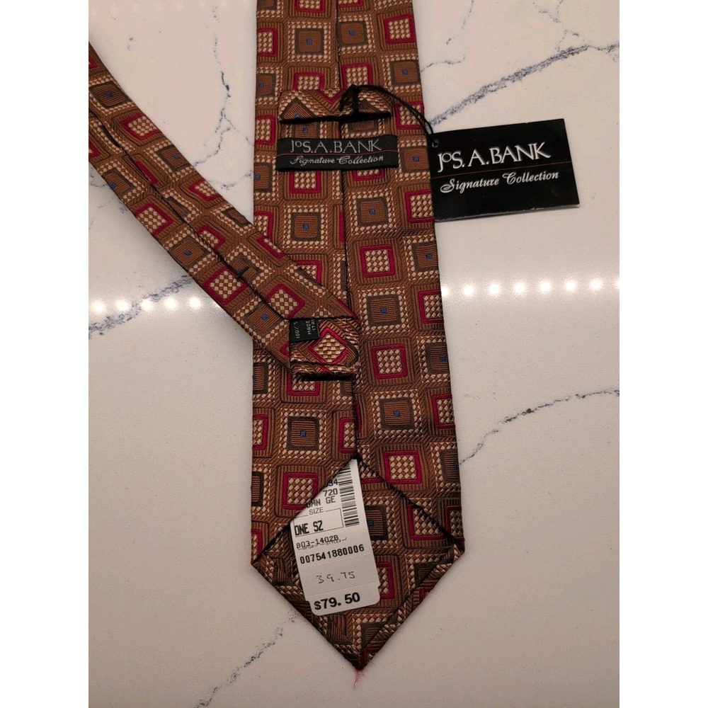 Jos.A.Bank Signature Collection 100% Silk Italy Tie Brown Square Geometric NWT - Picture 4 of 6
